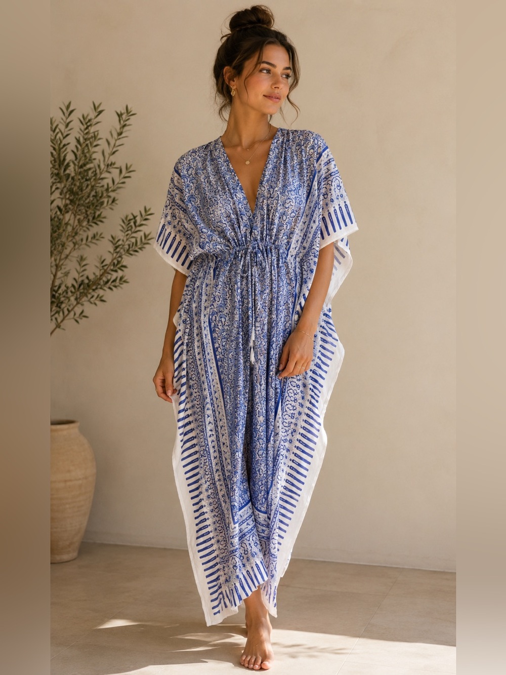 BNWT ANOKHI Kaftan Dress Blue White Block Print Drawstring One Size